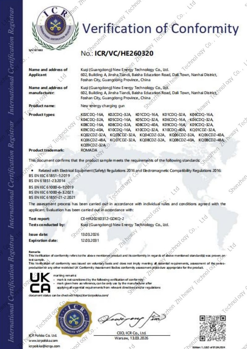 EVSE Certificates including UL 2594, CE, UKCA and RoHS Compliance