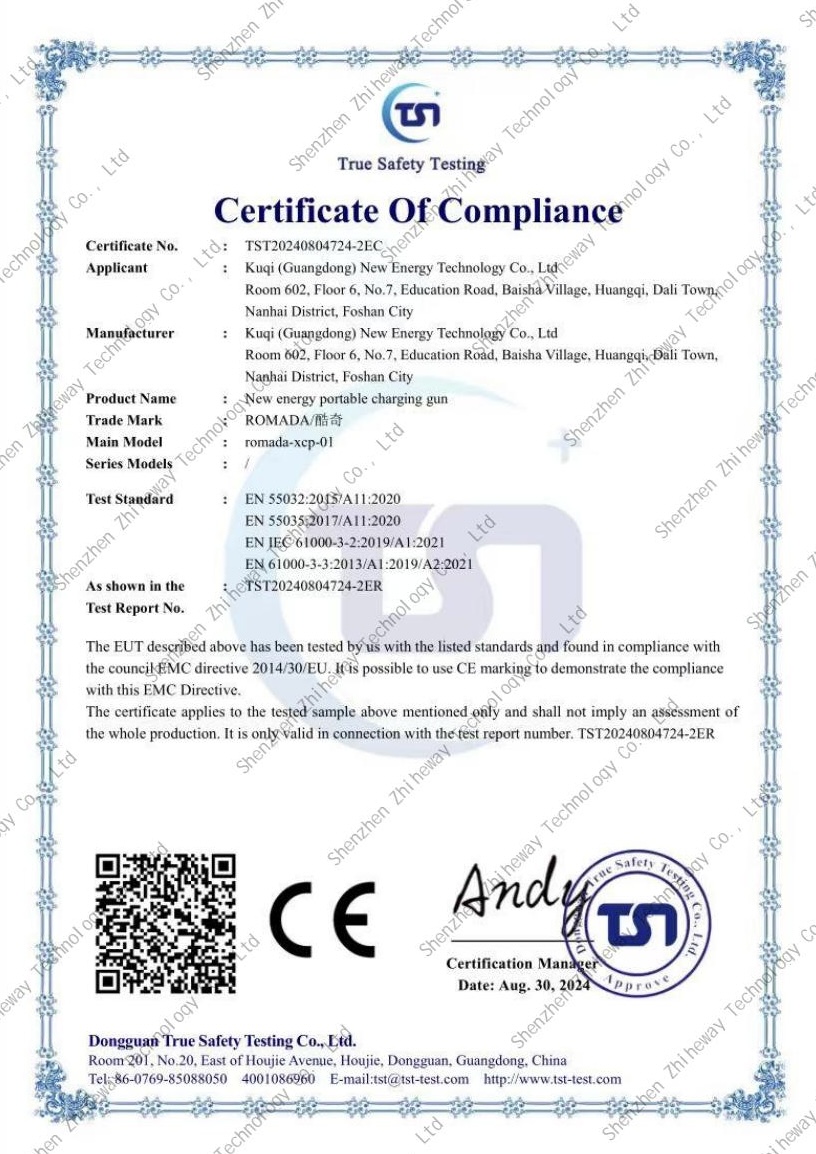 EVSE Certificates including UL 2594, CE, UKCA and RoHS Compliance