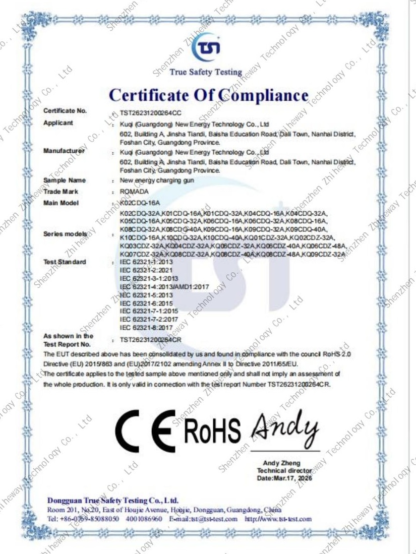 EVSE Certificates including UL 2594, CE, UKCA and RoHS Compliance